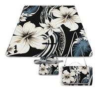 DWTJKMS Tappetino da picnic con fiori hawaiani neri e bianchi, tappetino pieghevole impermeabile con borsa tote grande tappetino da picnic all'aperto 147,3 x 147,3 cm coperta da campeggio per spiaggia