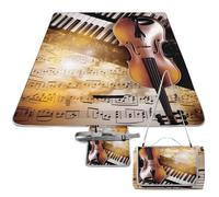 DWTJKMS Tappetino da picnic con note musicali per pianoforte, violino, tappetino da picnic, pieghevole, impermeabile, con borsa per picnic, 147,3 x 147,3 cm, coperta da campeggio per spiaggia, parco