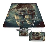 DWTJKMS Tappetino da picnic nautico vintage a vela pirata con nave pirata, tappetino pieghevole impermeabile con borsa tote grande tappetino da picnic all'aperto 147,3 x 147,3 cm coperta da campeggio
