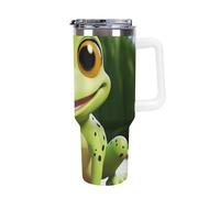 DWTJKMS Tazza da auto a forma di rana carina in acciaio inox, a prova di perdite, di grande capacità, con manico, cannuccia a doppia parete, riutilizzabile, mantiene freddo o caldo, stile bianco