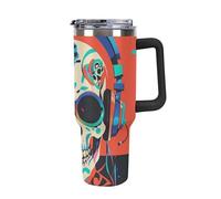 DWTJKMS Tazza da auto in acciaio inossidabile con teschio punk rock da 1,18 l, a prova di perdite, grande capacità, con manico, cannuccia a doppia parete, isolamento sottovuoto, riutilizzabile