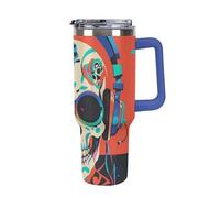 DWTJKMS Tazza da auto in acciaio inossidabile con teschio punk rock da 1,18 l, a prova di perdite, grande capacità, con manico, cannuccia a doppia parete, isolamento sottovuoto, riutilizzabile