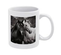 DWTJKMS Tazza da caffè con cavalli bianchi e neri, in ceramica bianca, con manico, in porcellana, motivo stampato, tazza da tè carina, tazza da latte, divertente, per uomini e donne, lavabile in