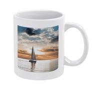 DWTJKMS Tazza da caffè in ceramica bianca con manico in porcellana con motivo stampato con barca a vela sul mare, tazza da tè simpatica tazza da caffè divertente per uomini e donne, lavabile in
