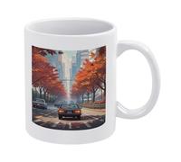 DWTJKMS Tazza da caffè in ceramica bianca con manico in porcellana con stampa di aceri rossi sulla strada, tazza da tè simpatica tazza da latte divertente per uomini e donne, lavabile in lavastoviglie