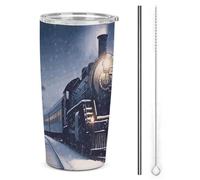 DWTJKMS Tazza invernale natalizia con neve, treno notturno ferroviario, auto, con cannuccia, isolati, in acciaio inox, a prova di perdite, tazze da caffè in metallo con coperchio, grande capacità