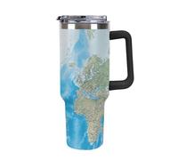 DWTJKMS Tazza per auto con mappa del mondo, in acciaio inox, a prova di perdite, grande capacità, con manico, cannuccia a doppia parete, riutilizzabile, mantiene freddo o caldo, stile nero