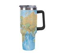 DWTJKMS Tazza per auto con mappa del mondo, in acciaio inox, a prova di perdite, grande capacità, con manico, cannuccia a doppia parete, riutilizzabile, mantiene freddo o caldo, stile nero