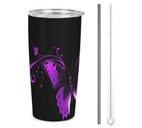 DWTJKMS Tazze per auto a farfalla viola e nera con cannuccia isolate in acciaio inox, tazze da caffè in metallo a tenuta stagna con coperchio, bottiglie d'acqua di grande capacità, regalo per donne e