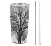 DWTJKMS Tazze per auto con albero bianco e nero con cannuccia isolate in acciaio inossidabile, tazze da caffè in metallo a tenuta stagna con coperchio, bottiglie d'acqua di grande capacità, regalo per