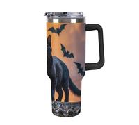 DWTJKMS The Black Cat Is Pacing on The Roof Bicchiere in acciaio inox da 1180 ml a prova di perdite, grande capacità, tazza per auto con manico in paglia, tazza isolante sottovuoto a doppia parete