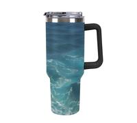 DWTJKMS The Blue Sea - Bicchiere da auto in acciaio inox, a prova di perdite, grande capacità, con manico e cannuccia, a doppia parete, riutilizzabile, mantiene freddo o caldo, stile nero