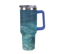 DWTJKMS The Blue Sea - Bicchiere da auto in acciaio inox, a prova di perdite, grande capacità, con manico e cannuccia, a doppia parete, riutilizzabile, mantiene freddo o caldo, in stile blu scuro