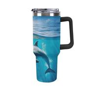 DWTJKMS Tumbler in acciaio inox con delfino che nuota nel mare blu, 1,18 l, a prova di perdite, grande capacità, tazza per auto con manico e cannuccia, a doppia parete, riutilizzabile, mantiene freddo