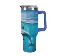 DWTJKMS Tumbler in acciaio inox con delfino che nuota nel mare blu, 1,18 l, a prova di perdite, grande capacità, tazza per auto con manico e cannuccia, a doppia parete, riutilizzabile, mantiene freddo