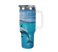 DWTJKMS Tumbler in acciaio inox con delfino che nuota nel mare blu, 1,18 l, a prova di perdite, grande capacità, tazza per auto con manico e cannuccia, a doppia parete, riutilizzabile, mantiene freddo