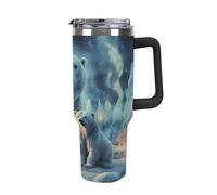 DWTJKMS Two Polar Bears - Bicchiere da auto in acciaio inox, a prova di perdite, grande capacità, con manico e cannuccia, a doppia parete, riutilizzabile, mantiene freddo o caldo, stile nero