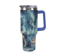 DWTJKMS Two Polar Bears - Bicchiere da auto in acciaio inox, a prova di perdite, grande capacità, con manico e cannuccia, a doppia parete, riutilizzabile, mantiene freddo o caldo, stile blu scuro