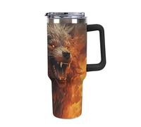 DWTJKMS Wild Wolf in the Fire, bicchiere in acciaio inox da 1,18 l, a prova di perdite, grande capacità, con manico, cannuccia a doppia parete, isolamento sottovuoto, riutilizzabile, mantiene freddo o