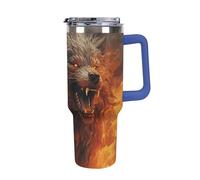 DWTJKMS Wild Wolf in the Fire, bicchiere in acciaio inox da 1,18 l, a prova di perdite, grande capacità, tazza per auto con manico e cannuccia, a doppia parete, riutilizzabile, mantiene freddo o caldo