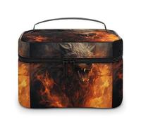 DWTJKMS Wild Wolf in The Fire - Trousse per trucchi, organizer per cosmetici, grande capacità, portatile, da donna, con manico e divisore