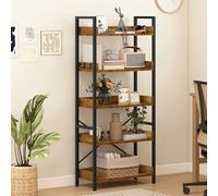 DWVO Libreria alta a 5 ripiani, scaffale industriale da pavimento, 64 cm di larghezza, 160 cm di altezza, grande libreria in legno e scaffale in metallo, per soggiorno, casa, rustico, marrone