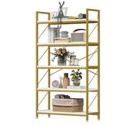 DWVO Libreria alta a 5 ripiani, scaffale industriale per libri, larghezza 80 cm, altezza 158 cm, grande libreria in legno e metallo, per soggiorno, casa, ufficio, libreria dorata