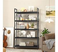DWVO Libreria alta a 5 ripiani, scaffale industriale per libri, larghezza 80 cm, altezza 158 cm, grande libreria in legno e metallo, per soggiorno, casa, ufficio, libreria nera