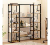 DWVO Libreria alta e ampia, libreria industriale con 13 ripiani, scaffale in legno e scaffale per libri in metallo, espositore per soggiorno, casa, ufficio, marrone rustico