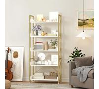 DWVO Libreria alta e stretta a 5 piani, ripiani in legno e telaio in metallo, soggiorno, corridoio, oro