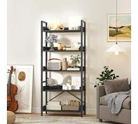 DWVO Libreria alta e stretta a 5 piani, ripiani in legno e telaio in metallo, soggiorno moderno, corridoio, nero