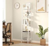 DWVO Libreria alta e stretta a 5 ripiani, scaffale industriale a scala, scaffali in legno e metallo sottile e sottile, scaffale moderno per soggiorno, corridoio, ufficio, Bianco Puro