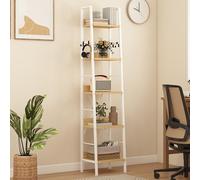 DWVO Libreria alta e stretta a 5 ripiani, scaffale industriale a scala, scaffali in legno e metallo sottile e sottile, scaffale moderno per soggiorno, corridoio, ufficio, Bianco E Rovere