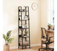 DWVO Libreria alta e stretta a 5 ripiani, scaffale industriale a scala, scaffali in legno e metallo sottile e sottile, scaffale moderno per soggiorno, corridoio, ufficio, nero