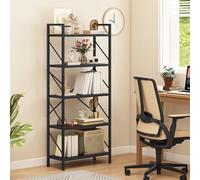 DWVO Scaffale per libri a 5 ripiani, in legno e metallo, libreria industriale, scaffale alto, espositore per soggiorno, cucina, camera da letto, scaffale nero