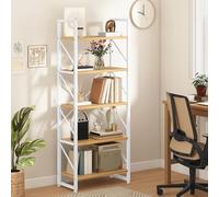 DWVO Scaffale per libri a 5 ripiani, in legno e metallo, libreria industriale, scaffale alto per soggiorno, cucina, camera da letto, scaffale per libri bianco e rovere