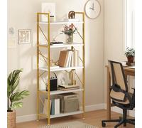 DWVO Scaffale per libri a 5 ripiani, in legno e metallo, libreria industriale, scaffale alto per soggiorno, cucina, camera da letto, scaffale per libri oro e bianco