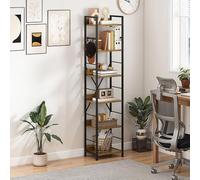 DWVO Scaffale per libri a 6 ripiani, libreria alta con telaio in acciaio, libreria industriale con 4 ganci, scaffale da pavimento, espositore stretto per soggiorno, camera da letto, marrone rustico