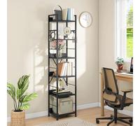 DWVO Scaffale per libri a 6 ripiani, libreria alta con telaio in acciaio, libreria industriale con 4 ganci, scaffale da pavimento, espositore stretto, organizer per soggiorno e camera da letto, nero