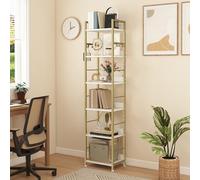 DWVO Scaffale per libri a 6 ripiani, libreria alta con telaio in acciaio, libreria industriale con 4 ganci, scaffale da pavimento, espositore stretto per soggiorno, camera da letto, D'oro
