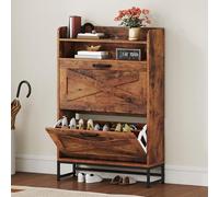 DWVO Scarpiera con 2 cassetti ribaltabili e ripiani aperti, in legno marrone, per corridoio, soggiorno, camera da letto, scarpiera stretta da pavimento (24 x 64 x 114 cm)