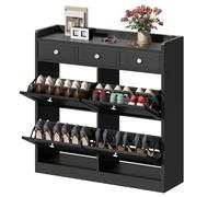 DWVO Scarpiera Salvaspazio Slim con 4 Ante a Ribalta, 3 Cassetti, Scarpiera Armadio Moderna per Ingresso, Corridoio o Camera da Letto, Scaffale Rimovibili Regolabili, 100x25x99.5cm Nero