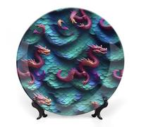 DWVSFJM 3D Magico Drago Scaglie Stampa Bone China Piatto Decorativo Con Espositore Piatto Decorativo Ceramica Porcellana Piatto Rotondo Cena Artigianato Artigianato Per Decorazione Da Parete 25,4 cm