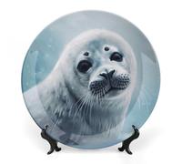 DWVSFJM Arpa Seal Pittura Carta da Parati Stampa Bone China Piatto Decorativo Con Espositore Piatto Decorativo Ceramica Porcellana Piatto Rotondo Cena Artigianato Artigianato Per Decorazione Appeso