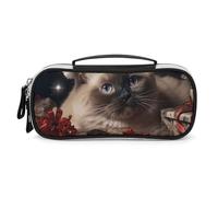 DWVSFJM Astuccio per matite in pelle PU Borsa per trucco portatile impermeabile con cerniera Natale gatto siamese matita sacchetto per forniture per ufficio borsa trucco