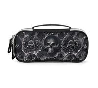 DWVSFJM Astuccio per matite in pelle PU Borsa per trucco portatile impermeabile con cerniera Peonia nera rosa Skul matita sacchetto per forniture per ufficio borsa per trucco