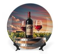 DWVSFJM Barile di vino in legno su bottiglia di vino stampa Bone China Piatto decorativo con espositore Piatto decorativo in ceramica Piatto rotondo in porcellana Piatto da pranzo Artigianato per