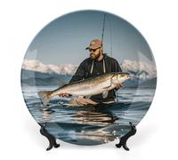 DWVSFJM Bass Fishing Wave Print Bone China Piatto decorativo con espositore Piatto decorativo in ceramica Piatto rotondo in porcellana Piatto da pranzo Artigianato per decorazione da parete 10 pollici