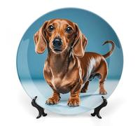 DWVSFJM Bassotto Weiner Pet Dog Print Bone China Piatto decorativo con espositore Piatto decorativo in ceramica Piatto rotondo Porcellana Piatto da pranzo Artigianato Artigianato per decorazione da