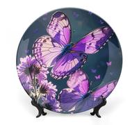 DWVSFJM Bella farfalla viola stampa Bone China piatto decorativo con espositore piatto decorativo in ceramica piatto rotondo in porcellana piatto da pranzo arte artigianato per decorazione da